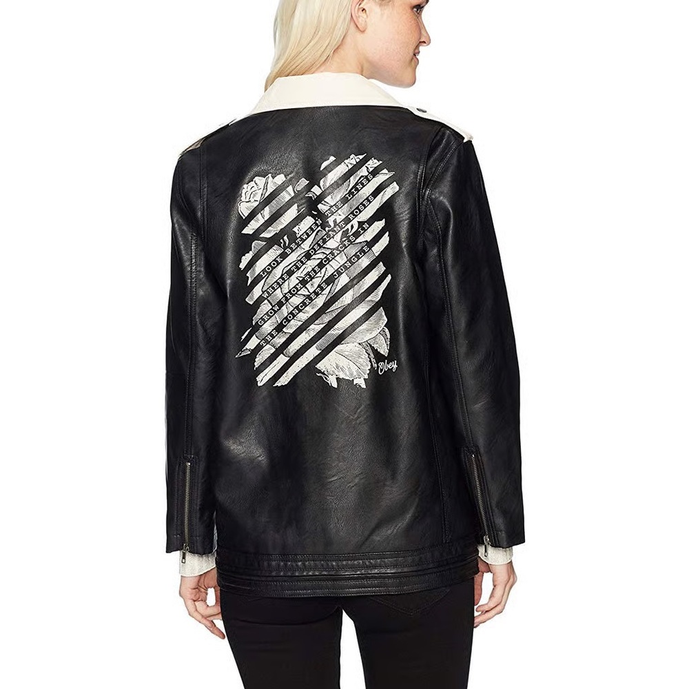 Small Women's Black & White Leather Jacket- Obey